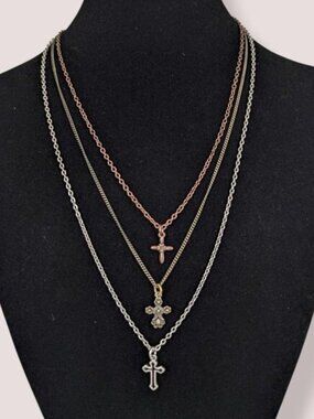 3-Strand Multi-Tone Cross Necklace